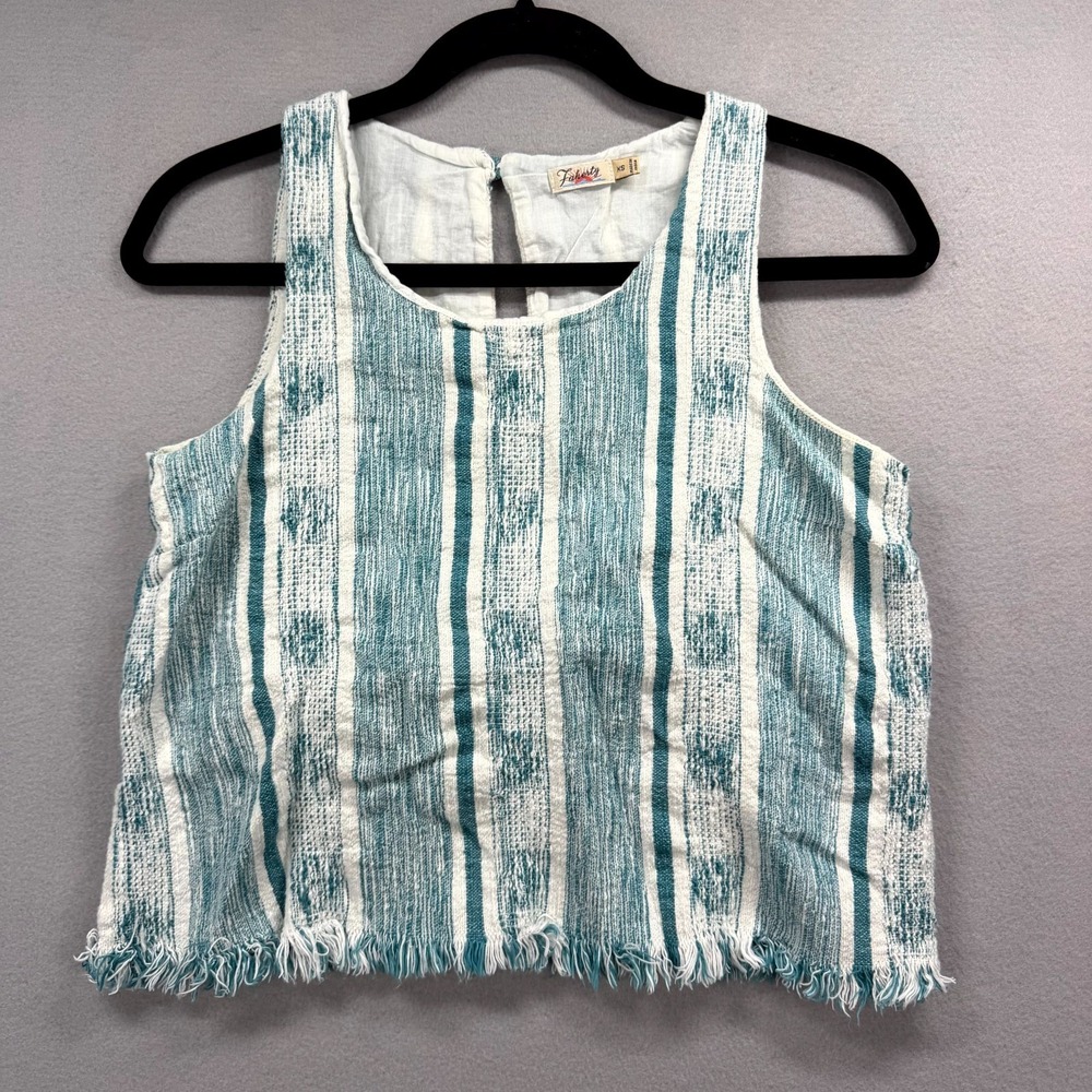 Faherty Cropped Tank Top Womens‎ XS White Teal Striped Sleeveless Keyhole Back